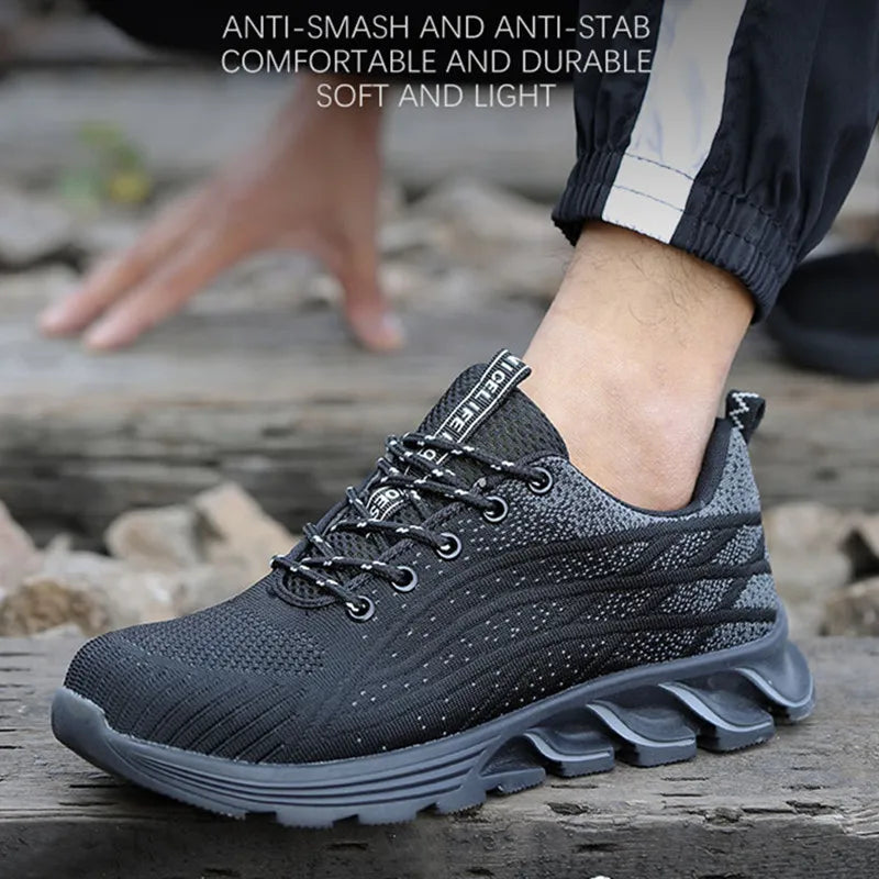 Andningsbara skyddsskor med ståltå, kross- och genombrottssäkra, slitstarka, halkfria arbetsskor med tyg och ståltåskydd